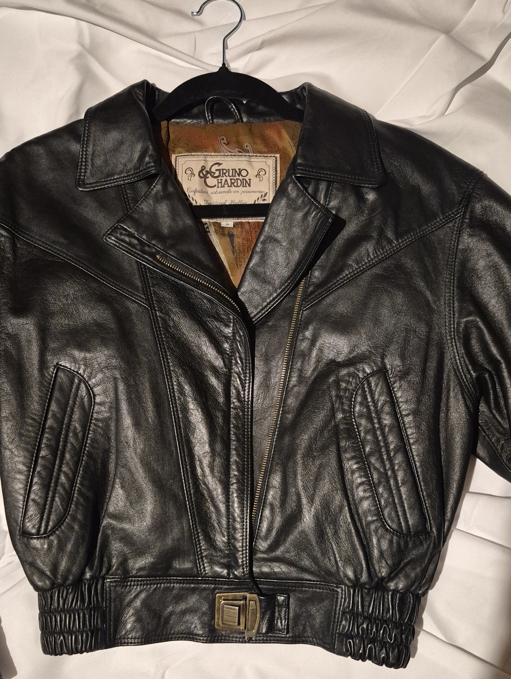 Artisan Black Leather Bomber Jacket with Buckle Waist